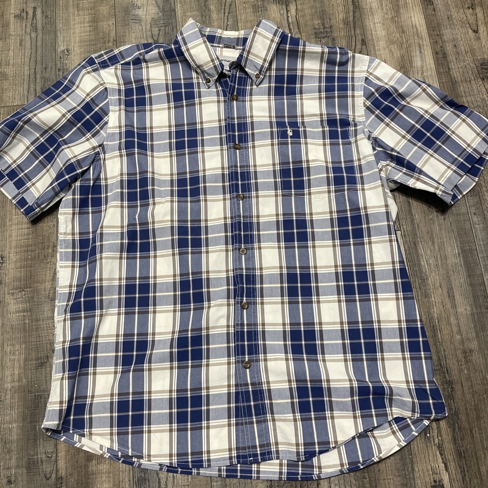 Carhartt Plaid Button Down Shirt Mens 2XL‎ Blue White Short Sleeve Relaxed Fit